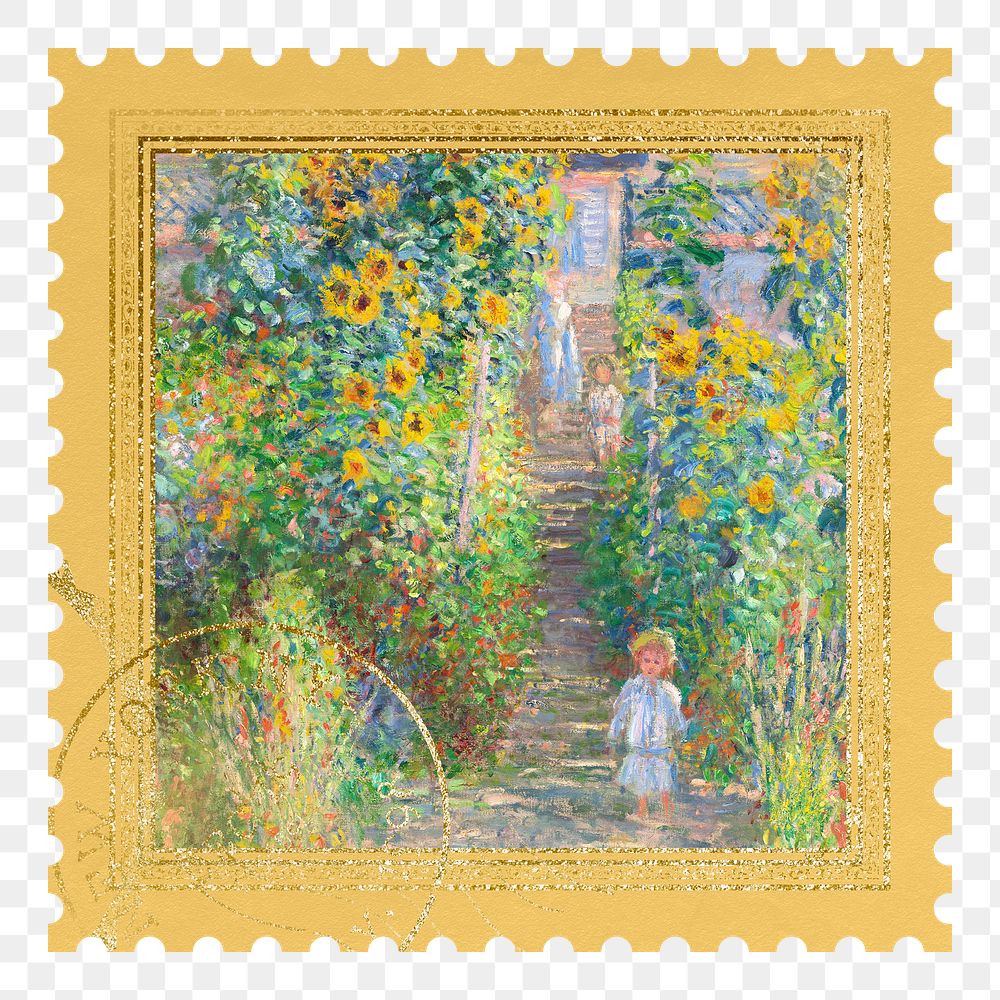 Monet's garden png postage stamp sticker, transparent background. Famous art remixed by rawpixel.