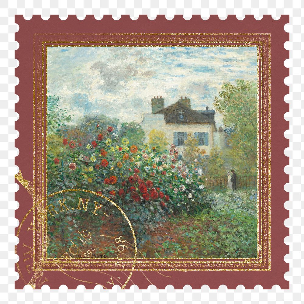 Monet's garden png postage stamp sticker, transparent background. Famous art remixed by rawpixel.