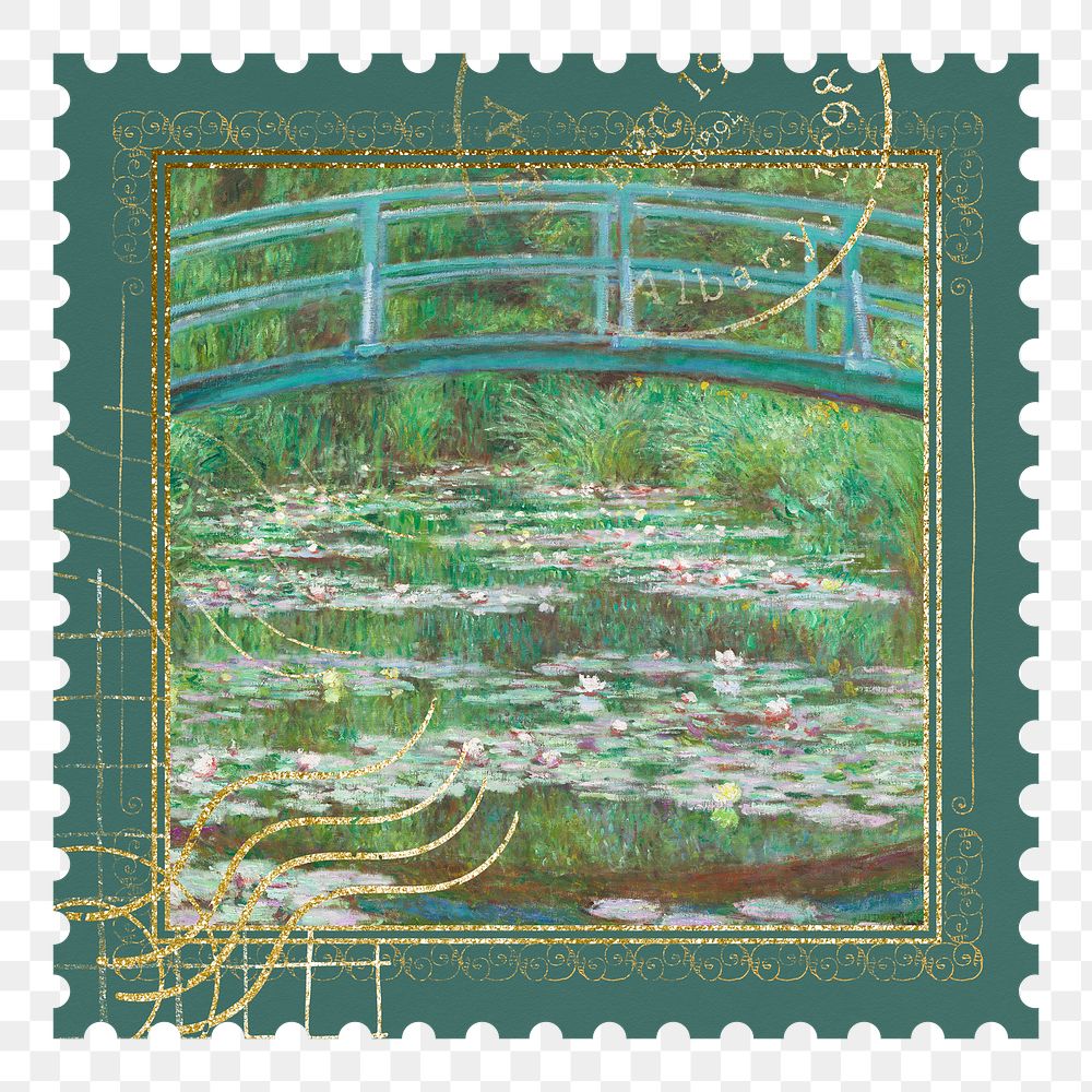Monet's bridge png postage stamp sticker, transparent background. Famous art remixed by rawpixel.