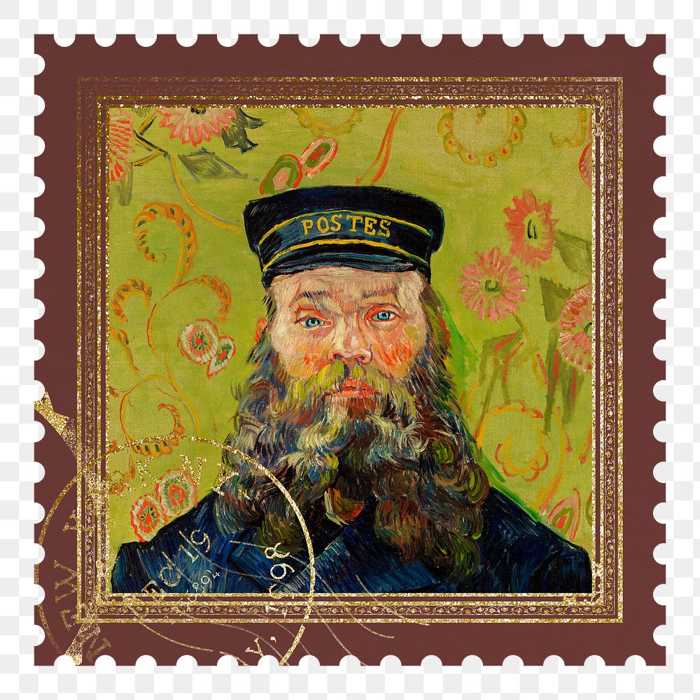 PNG Vincent Van Gogh's The Postman postage stamp sticker, transparent background, remixed by rawpixel