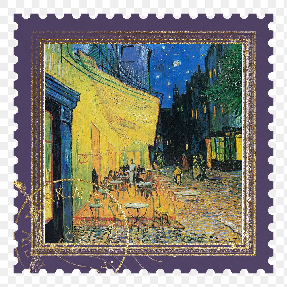Van Gogh's stamp png Caf&eacute; Terrace at Night artwork sticker, transparent background, remixed by rawpixel