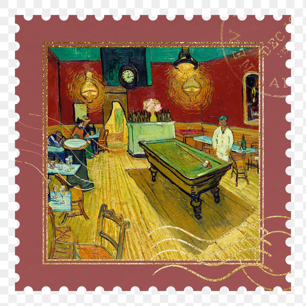 PNG Vincent Van Gogh's Le caf&eacute; de nuit (The Night Caf&eacute;) stamp sticker, transparent background, remixed by…