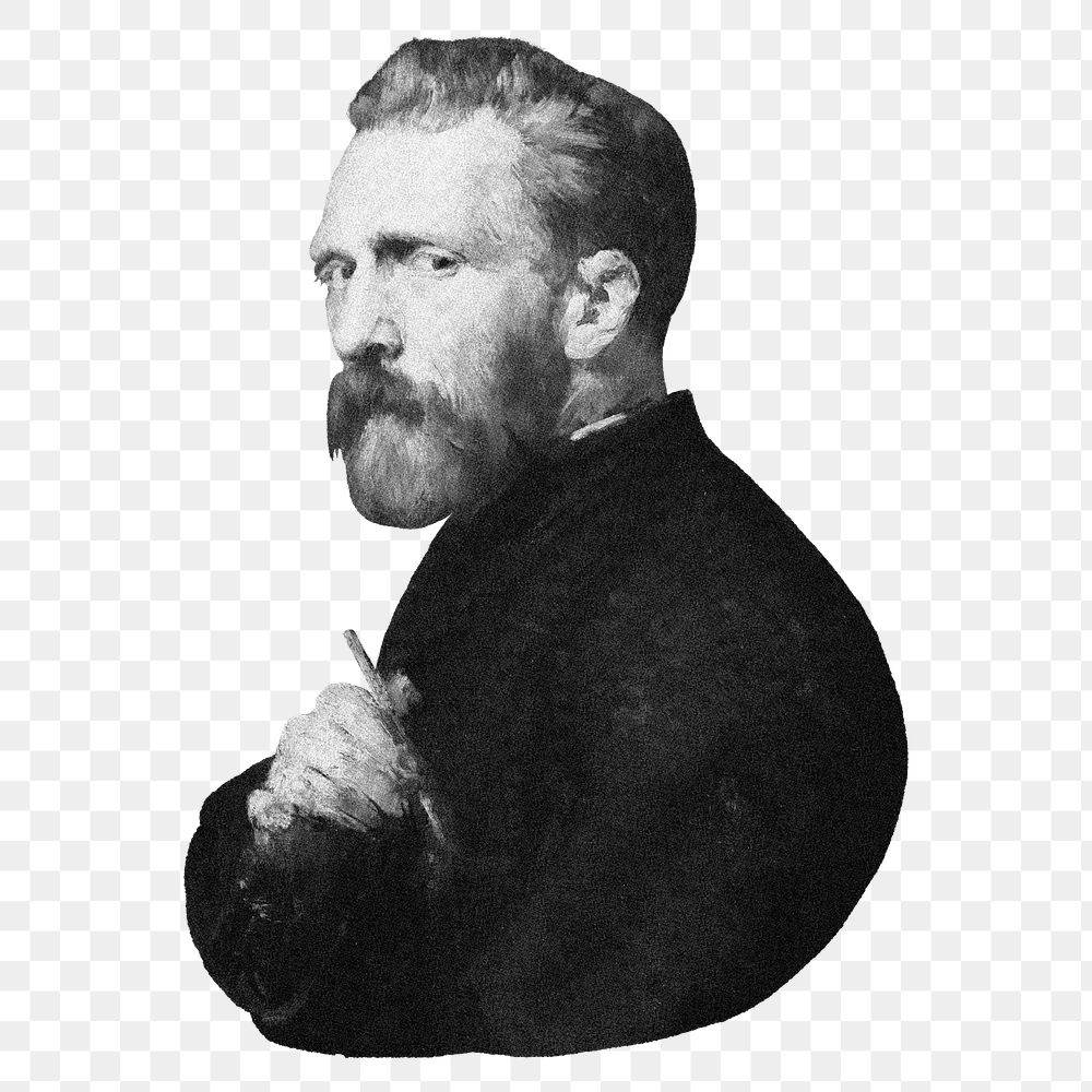 Van Gogh portrait png sticker, black and white cut out on transparent background, famous artwork remixed by rawpixel