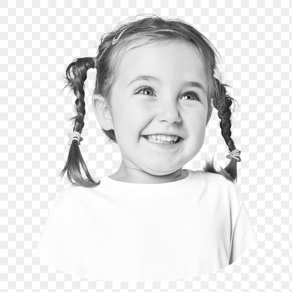 Smiling little girl png sticker, black and white cut out on transparent background