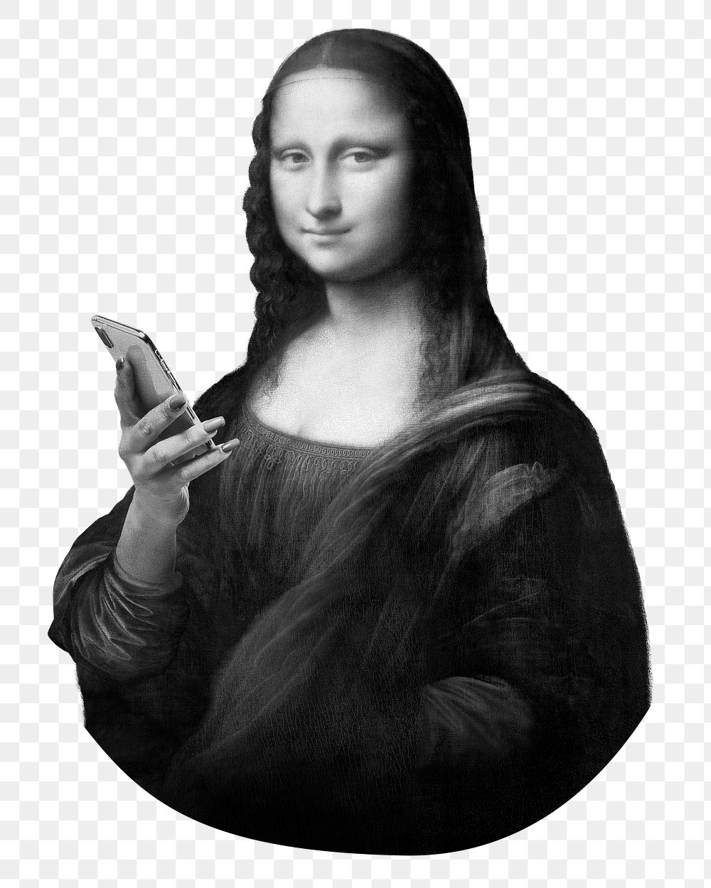 Mona Lisa using smartphone png sticker, black and white cut out on transparent background, famous artwork remixed by rawpixel