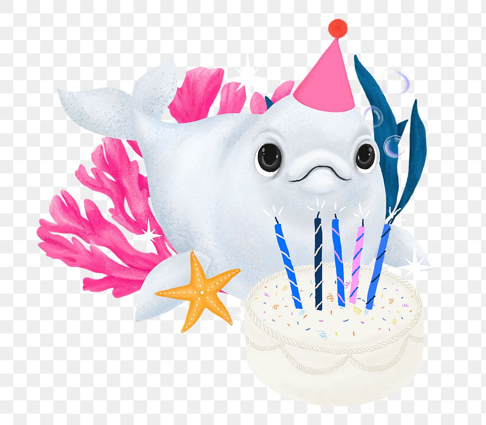 Birthday whale png sticker, animal illustration, transparent background