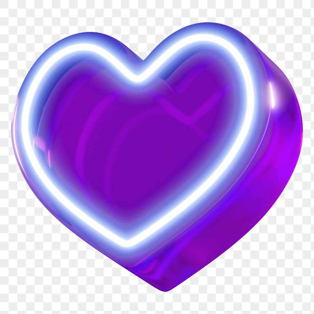 3D purple neon heart png icon, transparent background