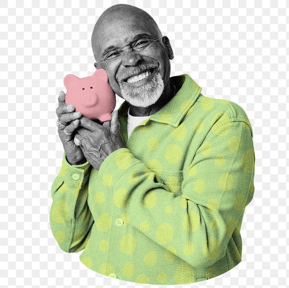 Man holding piggy bank png, transparent background
