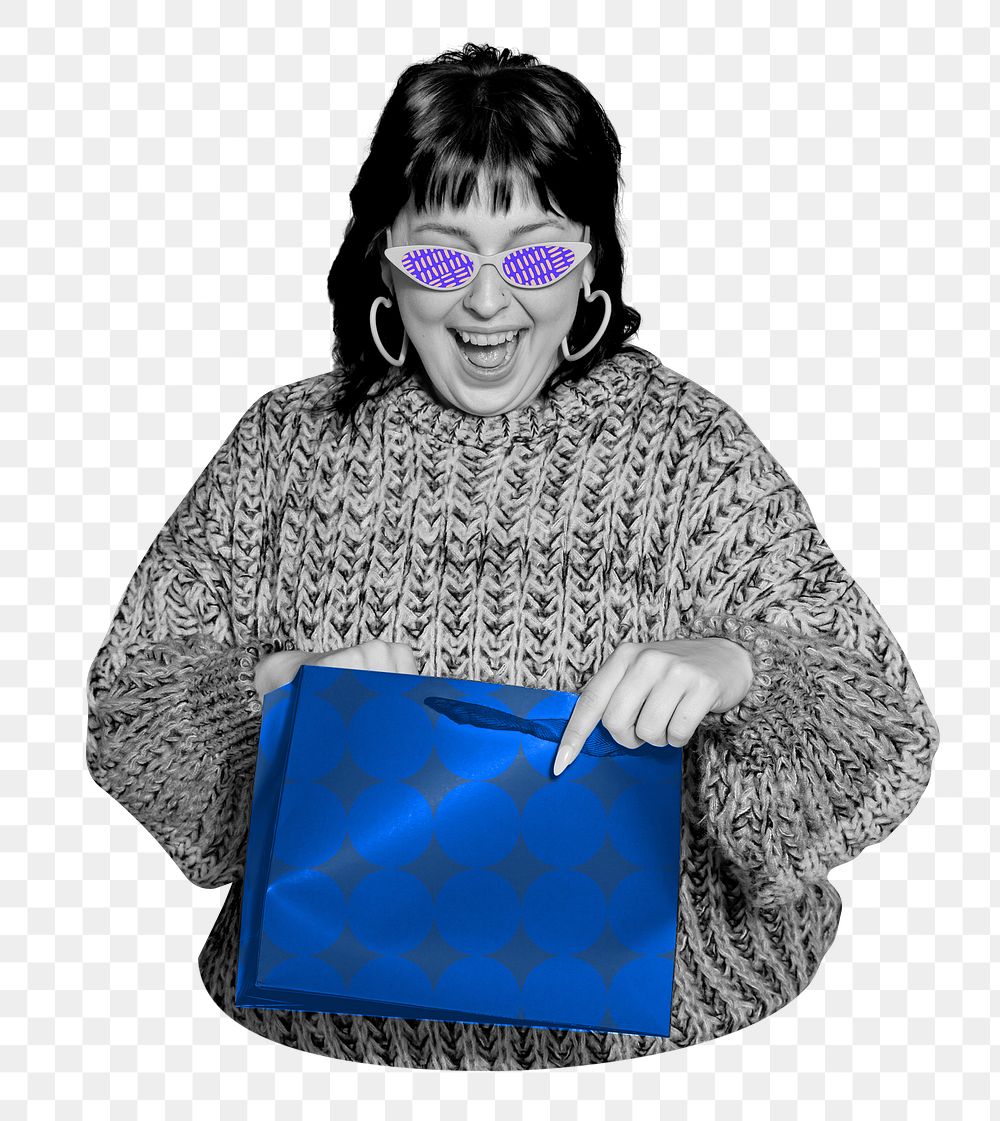 Cheerful shopaholic woman png, transparent background