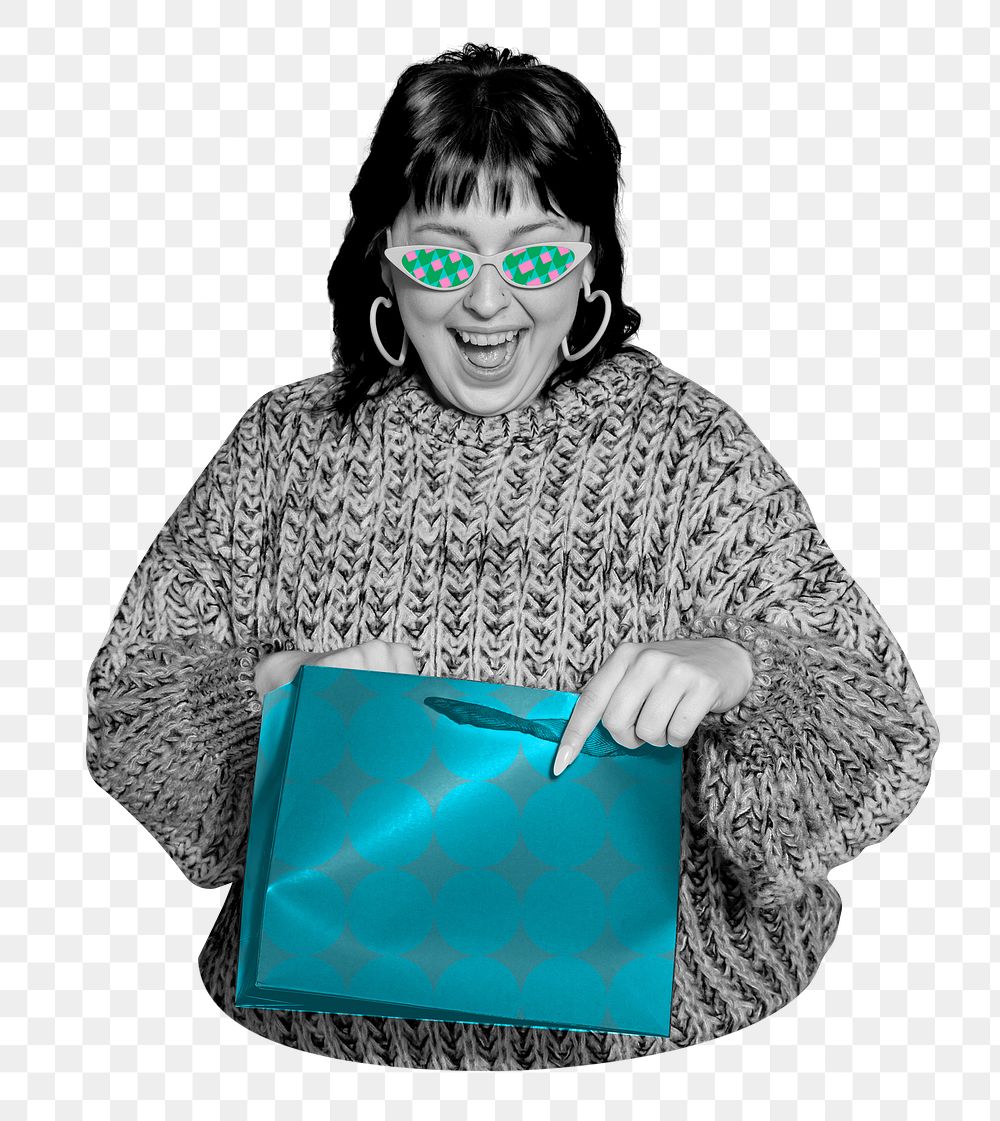 Cheerful shopaholic woman png, transparent background