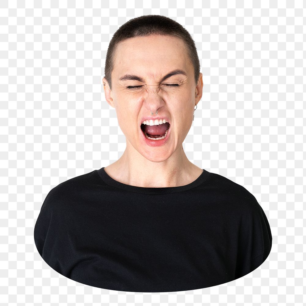 Tomboy png shouting sticker, non-binary person transparent background