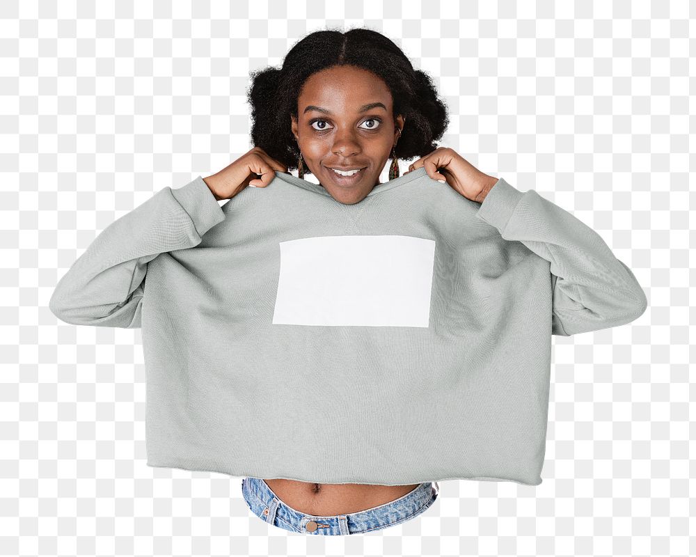 Png black woman wearing pullover sticker, transparent background