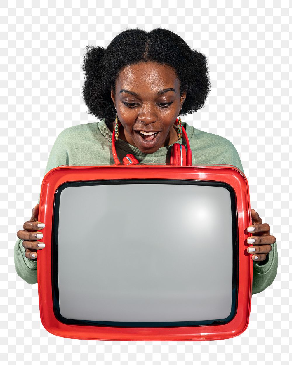 Woman holding TV png   sticker, transparent background
