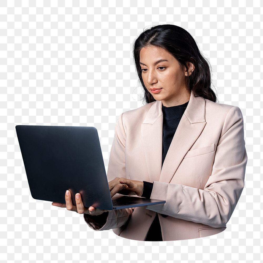 Businesswoman png laptop  sticker, transparent background