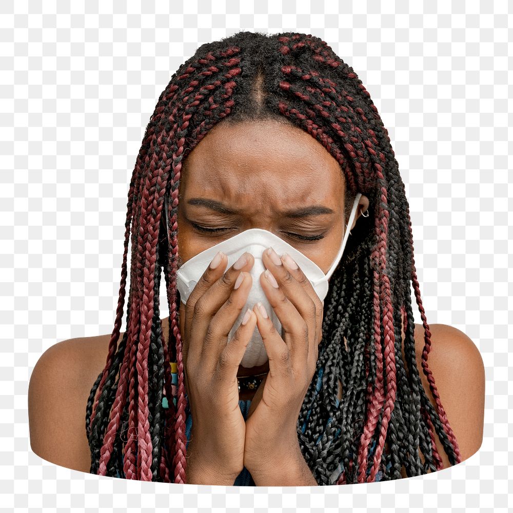 Black woman png sneezing  sticker, transparent background