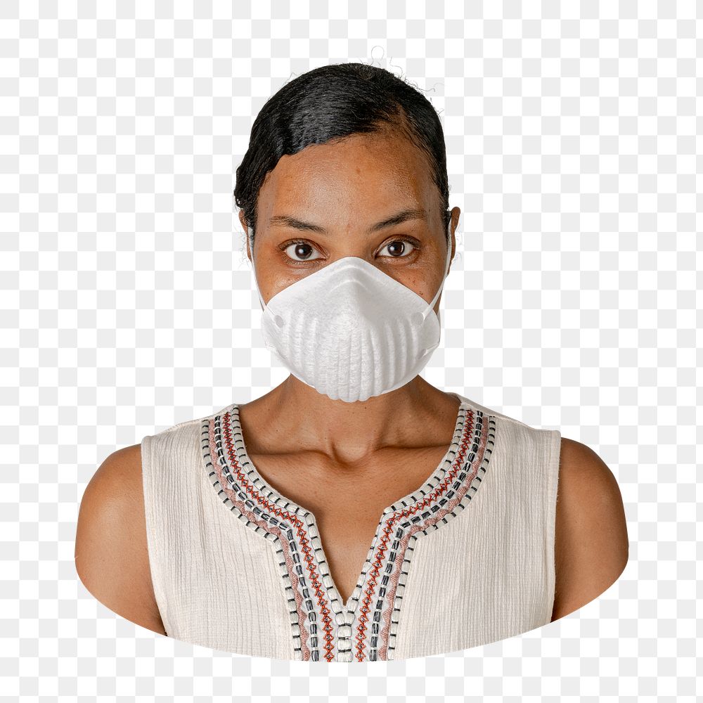 Png black woman wearing mask sticker, transparent background