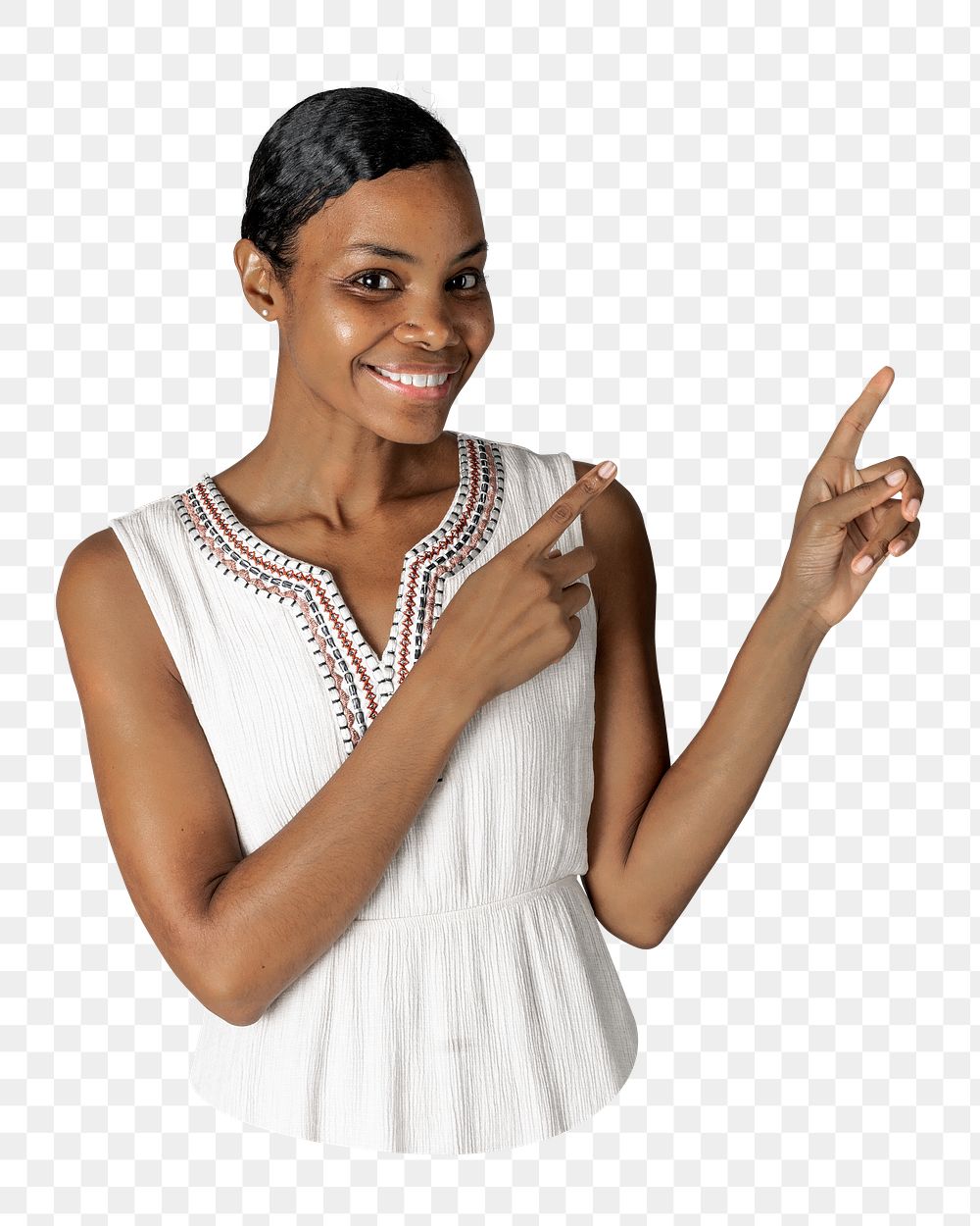 Png smiling African woman pointing sticker, transparent background