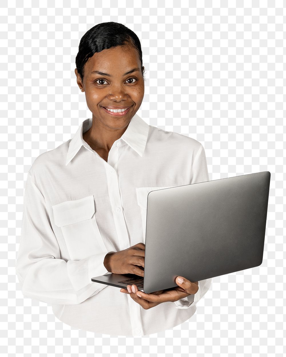 Png black woman using laptop sticker, transparent background