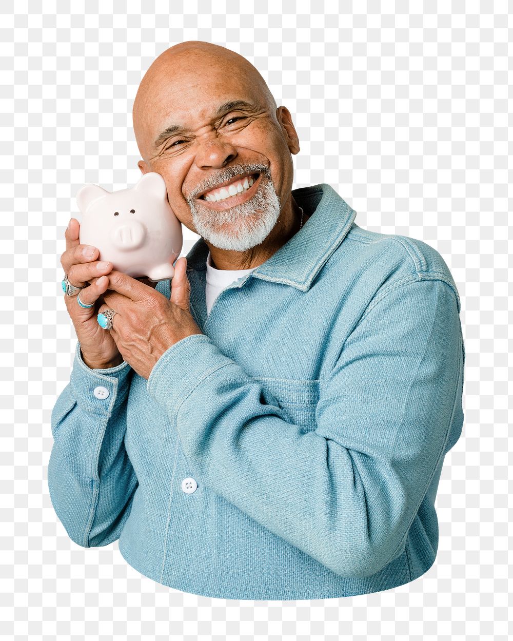Png senior man & piggy bank sticker, transparent background