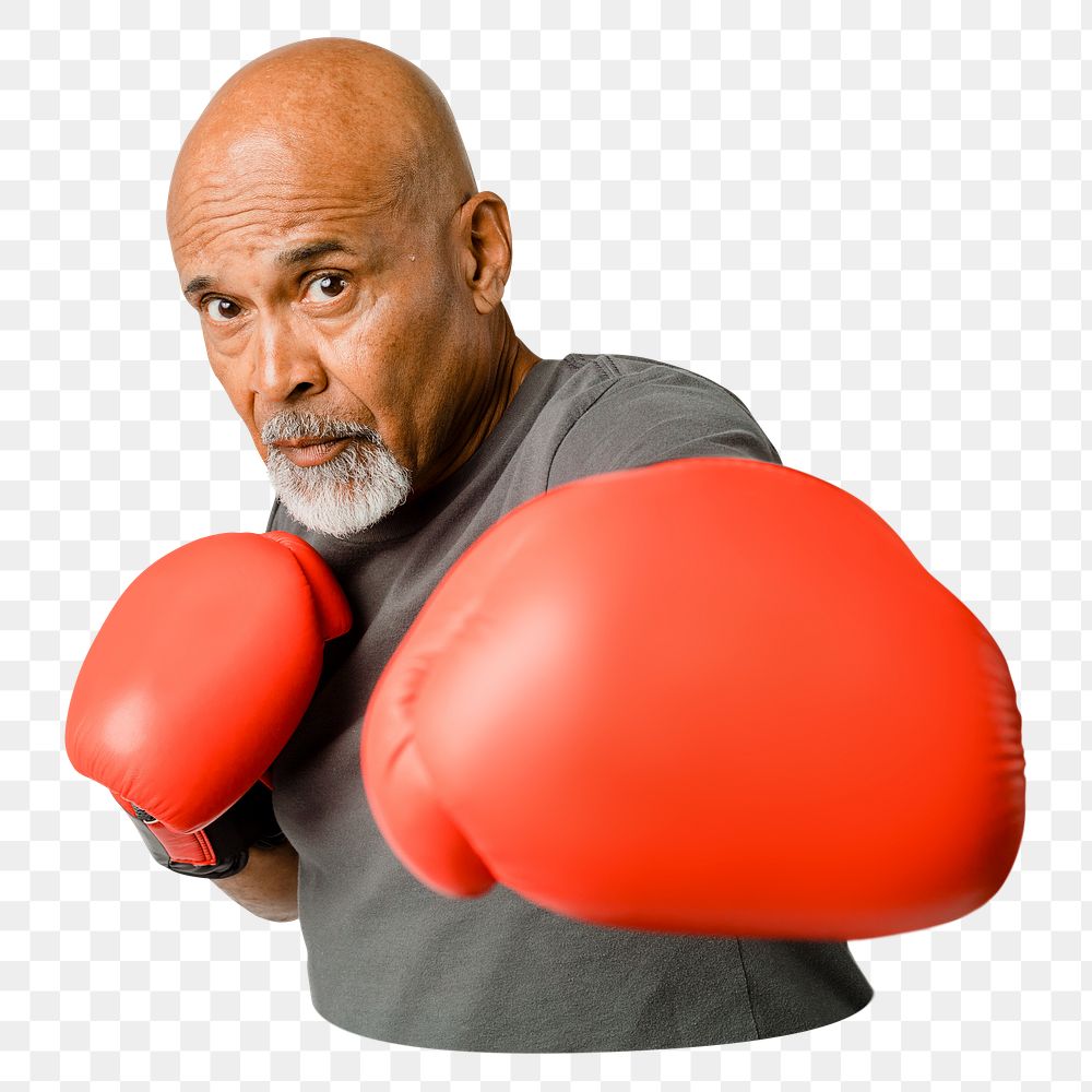 Png senior man with boxing gloves sticker, transparent background