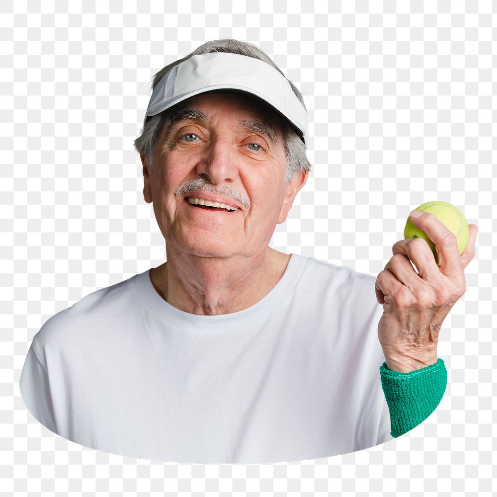 Png old man playing tennis sticker, transparent background