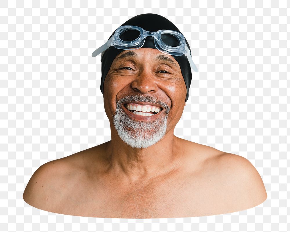 Png senior man with swimming glasses sticker, transparent background