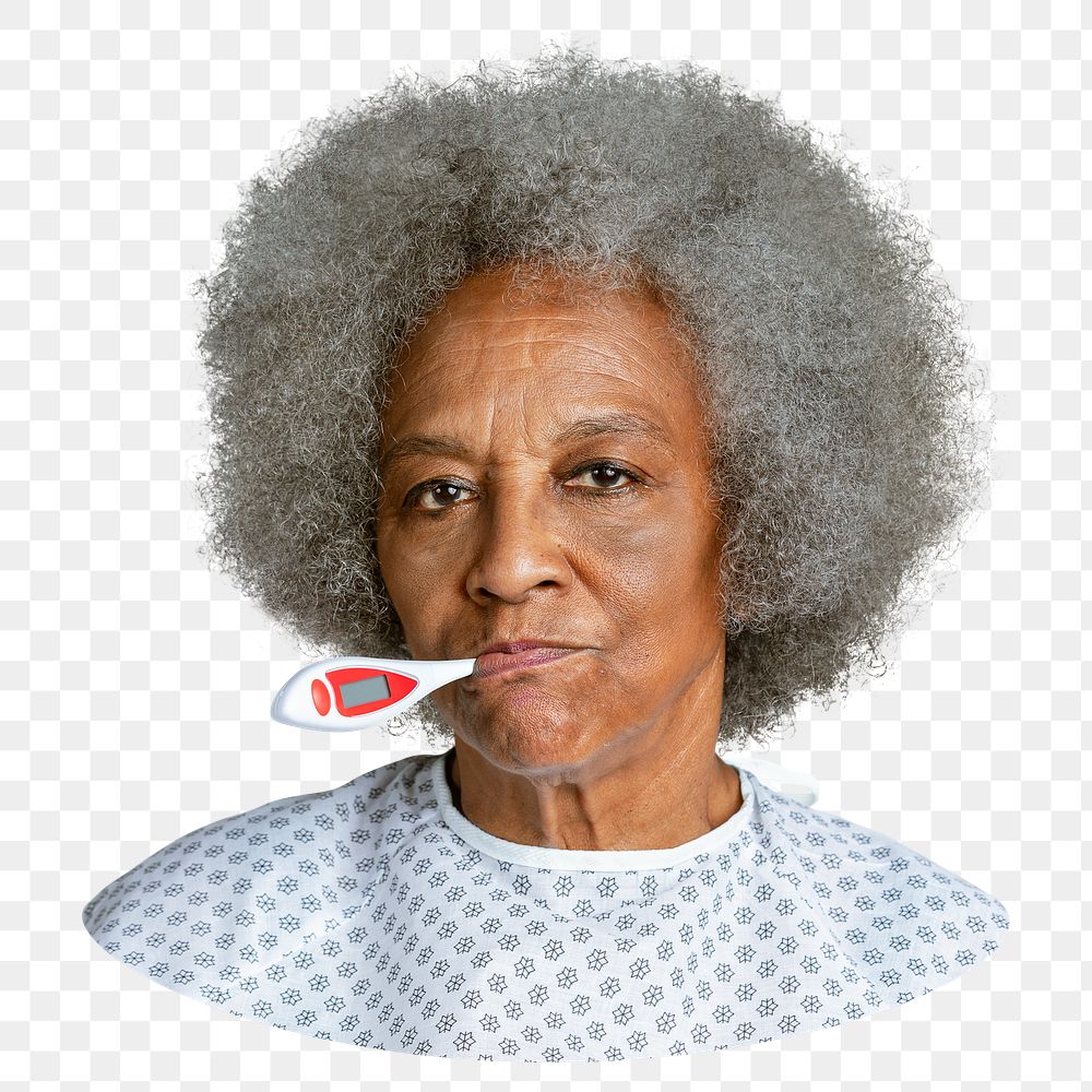 Png patient with thermometer in mouth sticker, transparent background