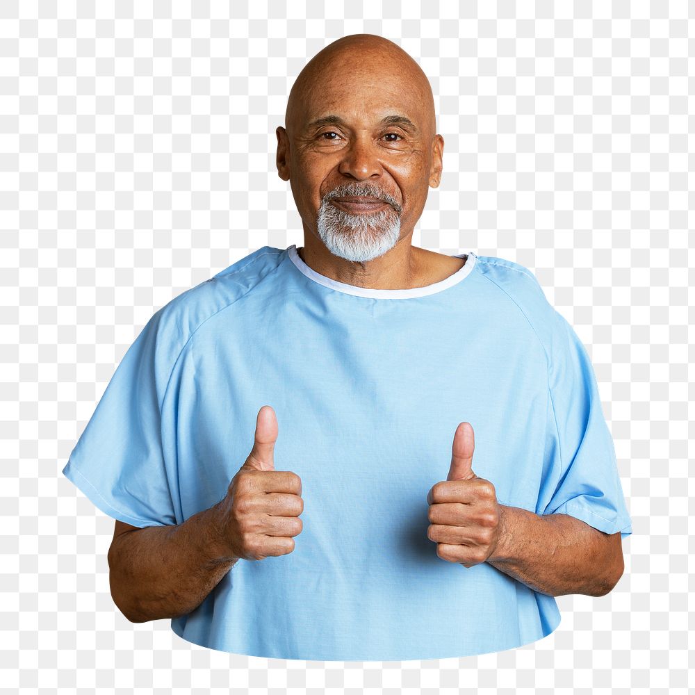 Png senior patient thumbs up sticker, transparent background