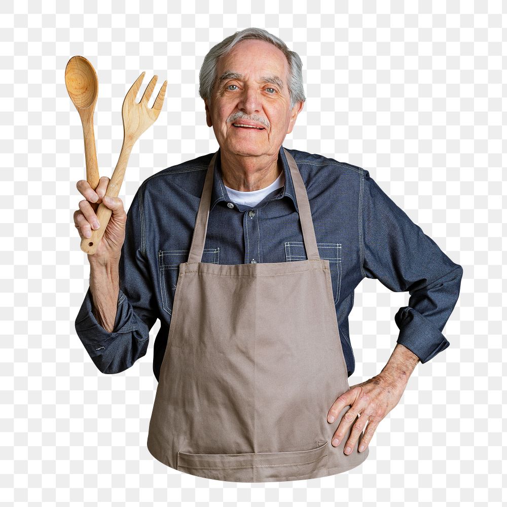 Png senior American man cooking sticker, transparent background