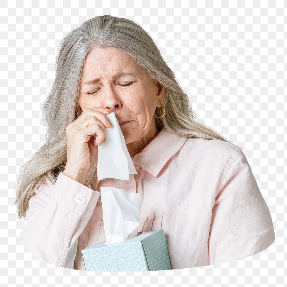 Png senior woman sneezing in tissue paper sticker, transparent background