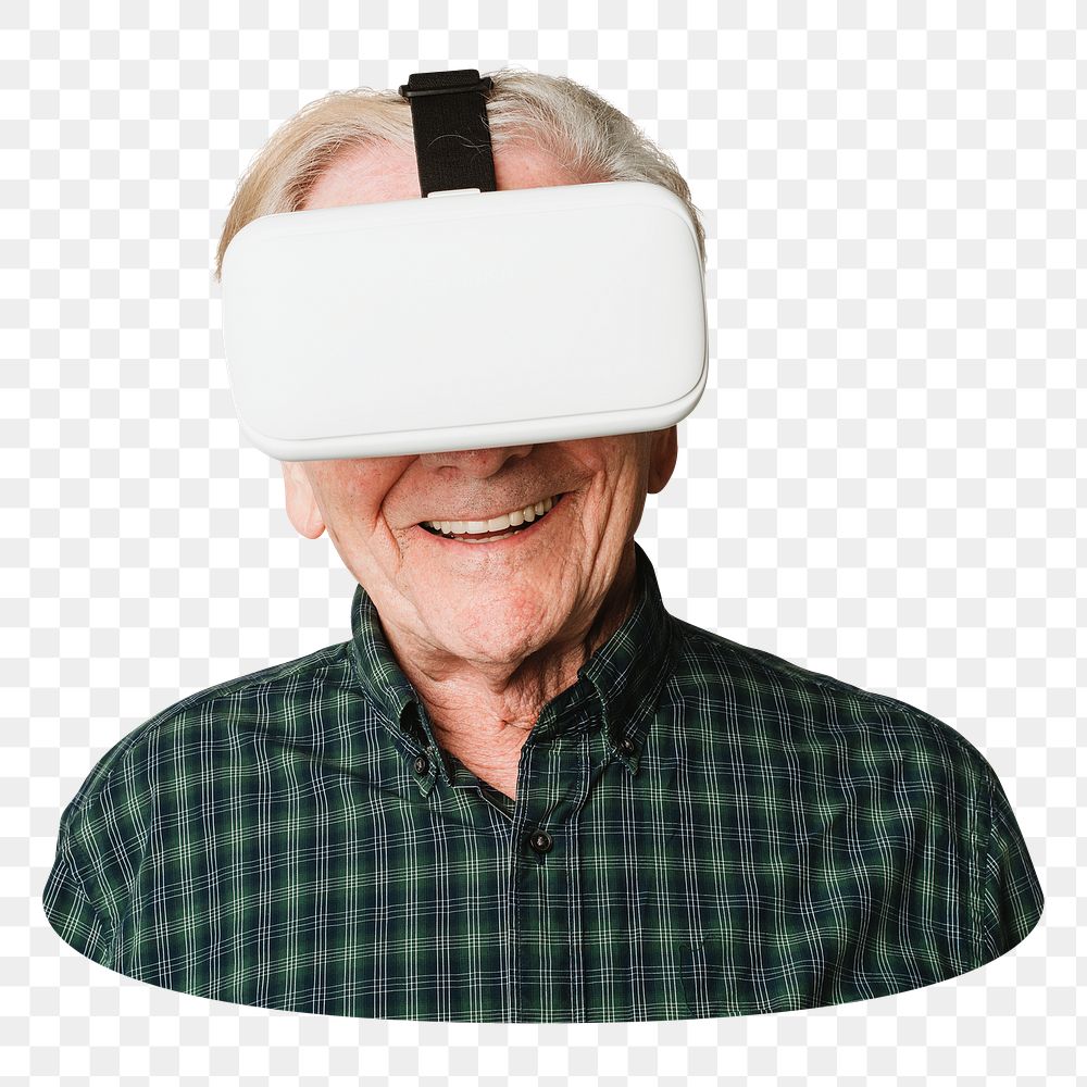 Png senior man using VR sticker, transparent background