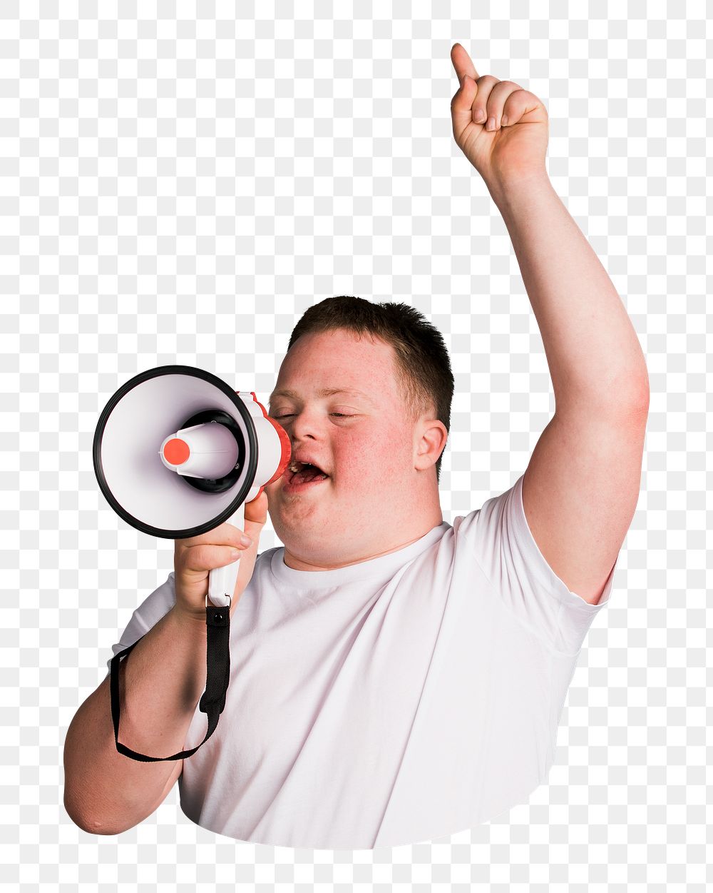 Boy using megaphone png, kid with down syndrome sticker, transparent background