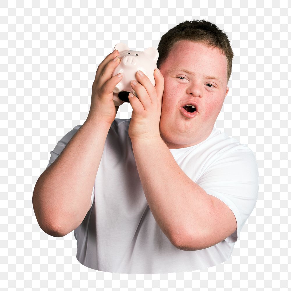 Piggy bank png, boy with down syndrome sticker, transparent background