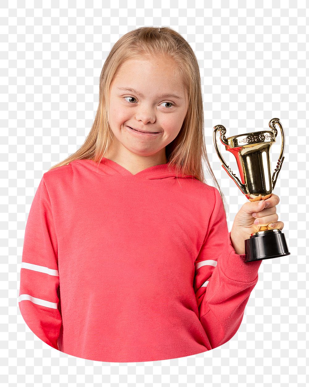 Winning trophy png, girl with down syndrome sticker, transparent background