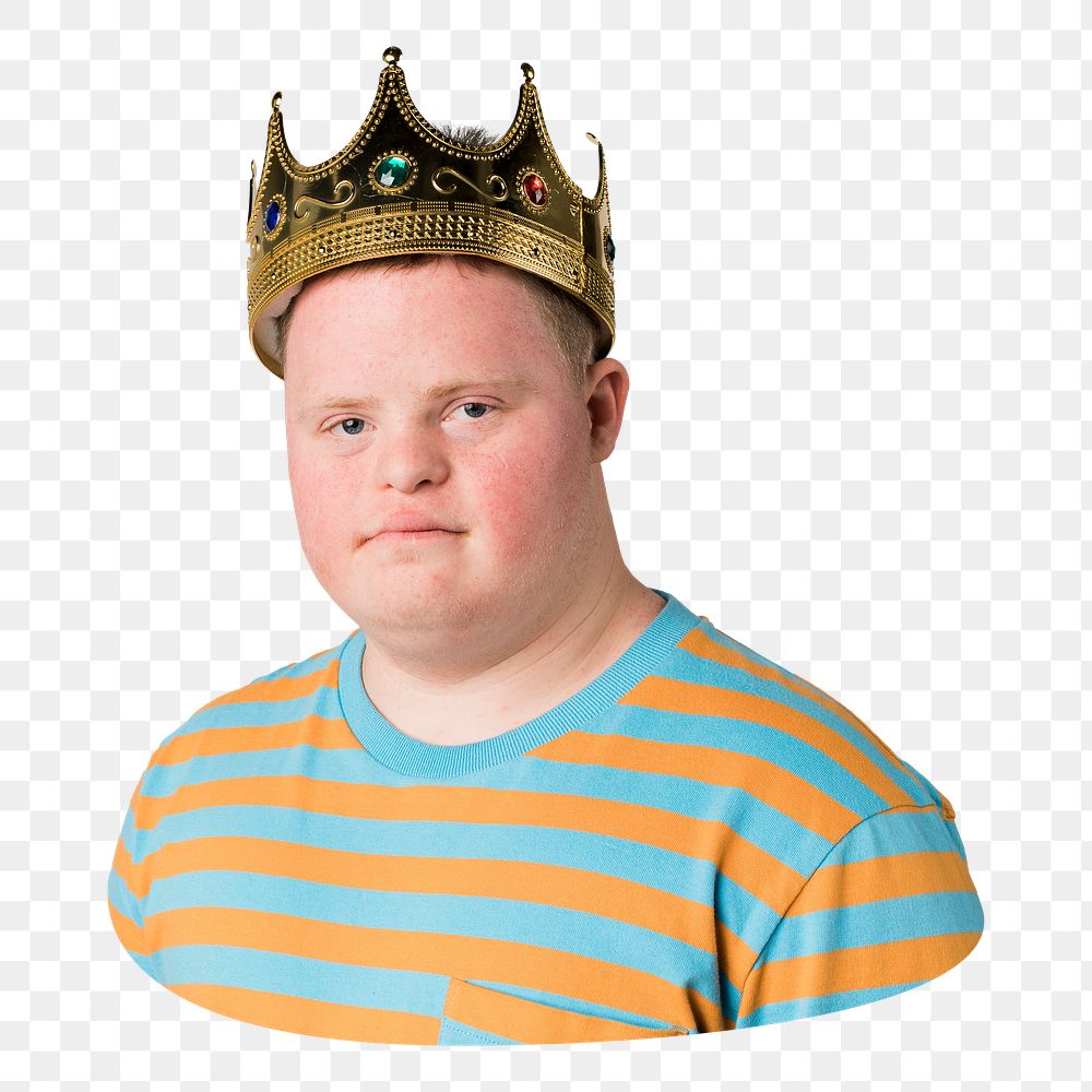 Boy with crown png, kid with down syndrome sticker, transparent background