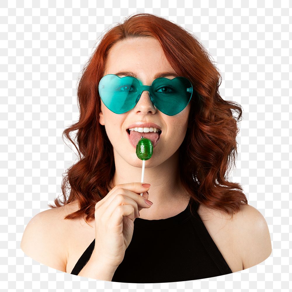 Png woman enjoying lollipop sticker, transparent background