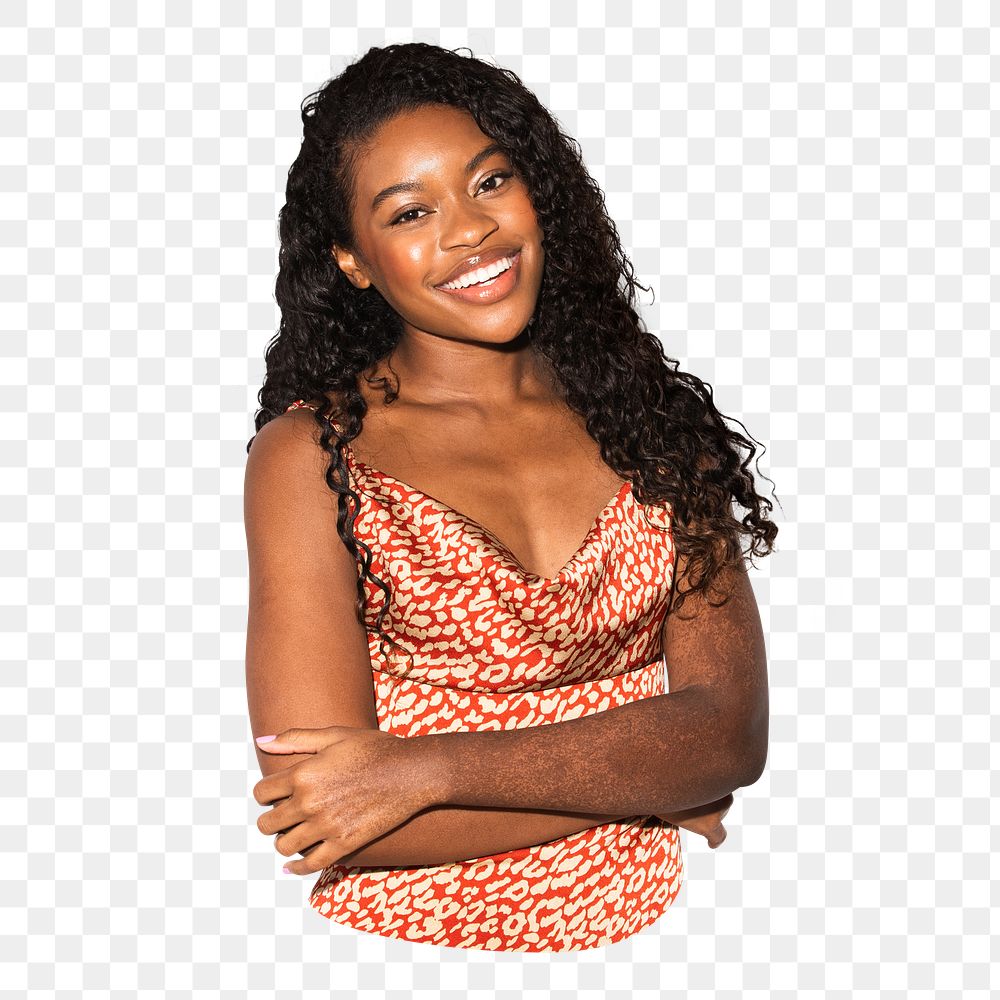 Png happy black woman in satin dress sticker, transparent background
