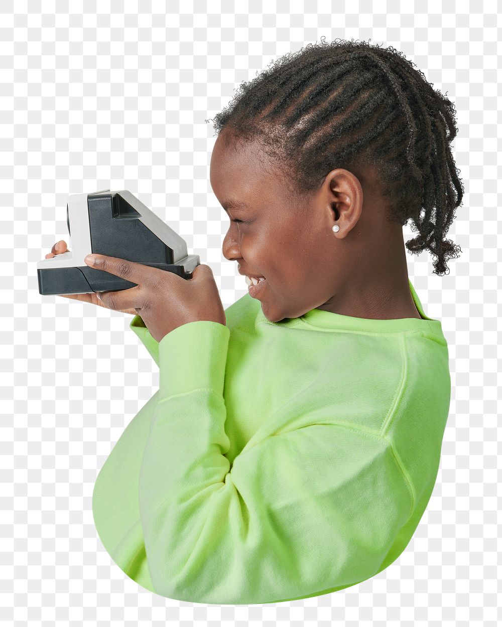 Png black kid using film camera sticker, transparent background