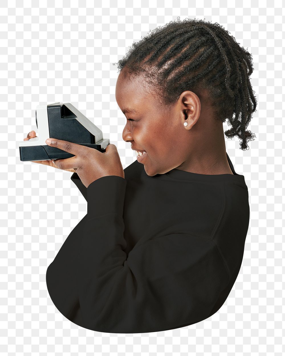 Png black kid using vintage camera sticker, transparent background