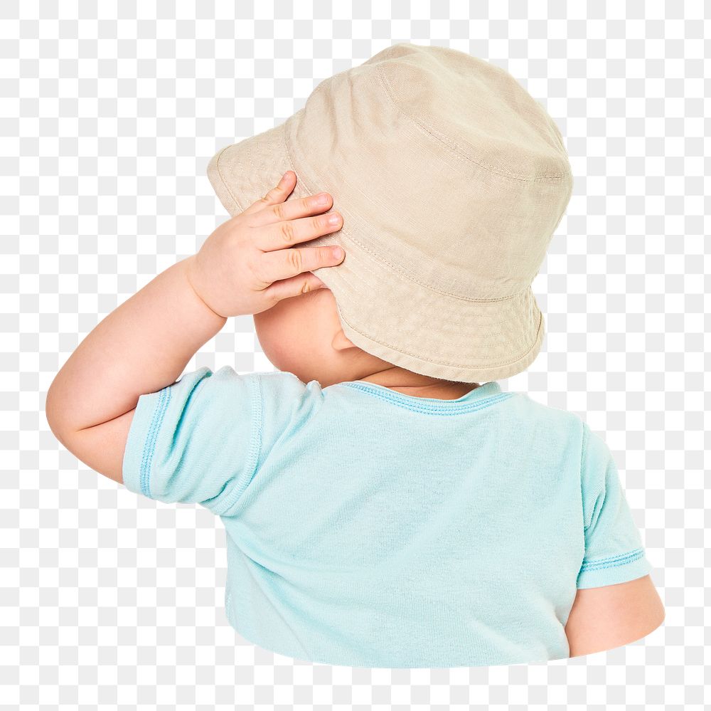 Png kid with beige bucket hat sticker, transparent background