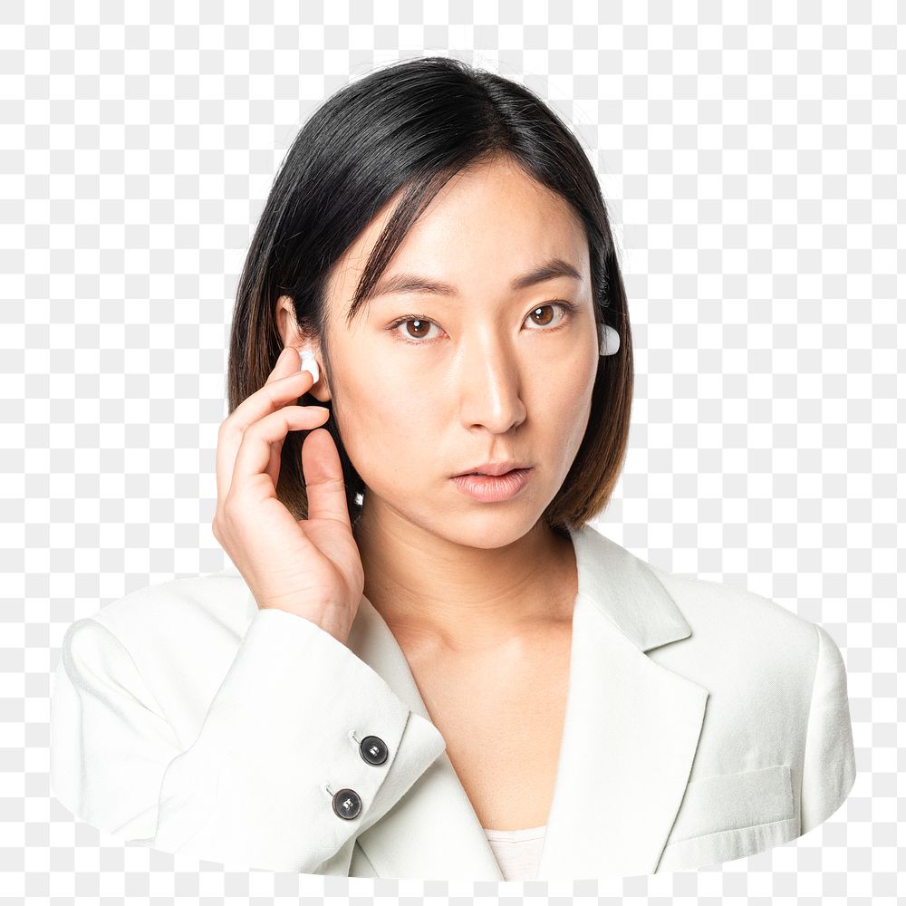 Businesswoman png wireless earbuds  sticker, transparent background