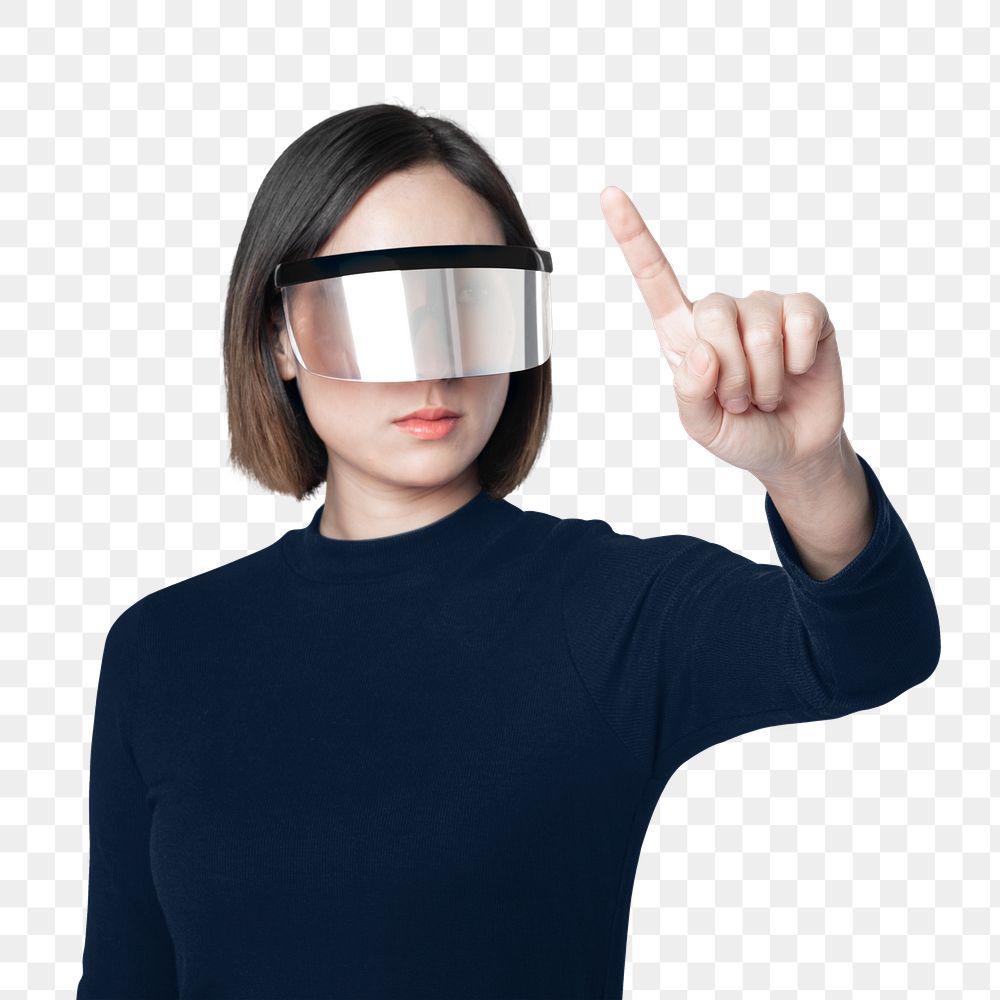 Png woman using VR glasses sticker, technology concept, transparent background