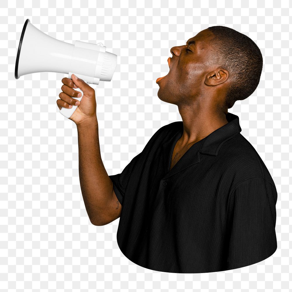 Png African man shouting into megaphone sticker, transparent background