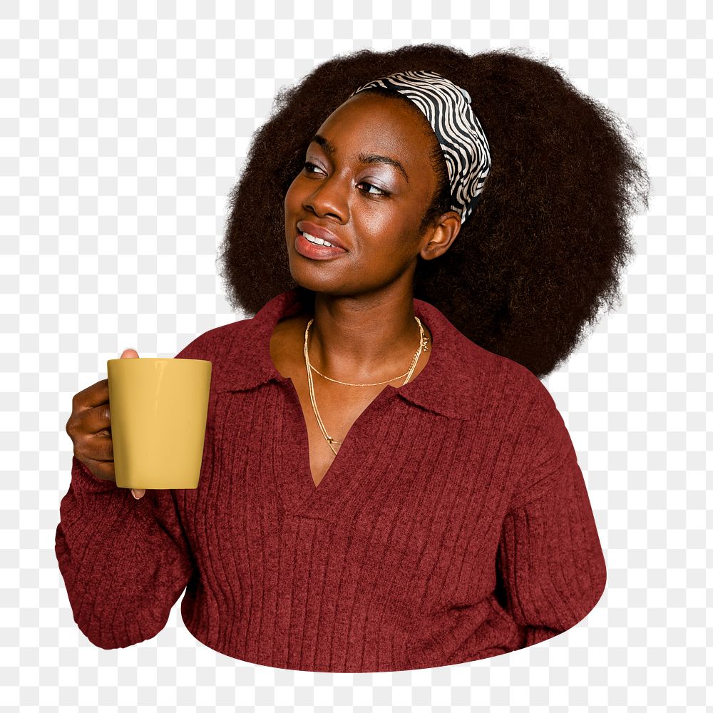 Png African woman drinking coffee sticker, transparent background
