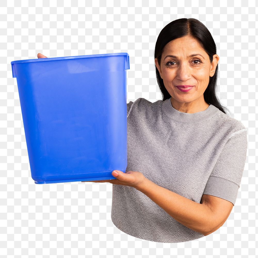 Png woman with blue bucket sticker, transparent background