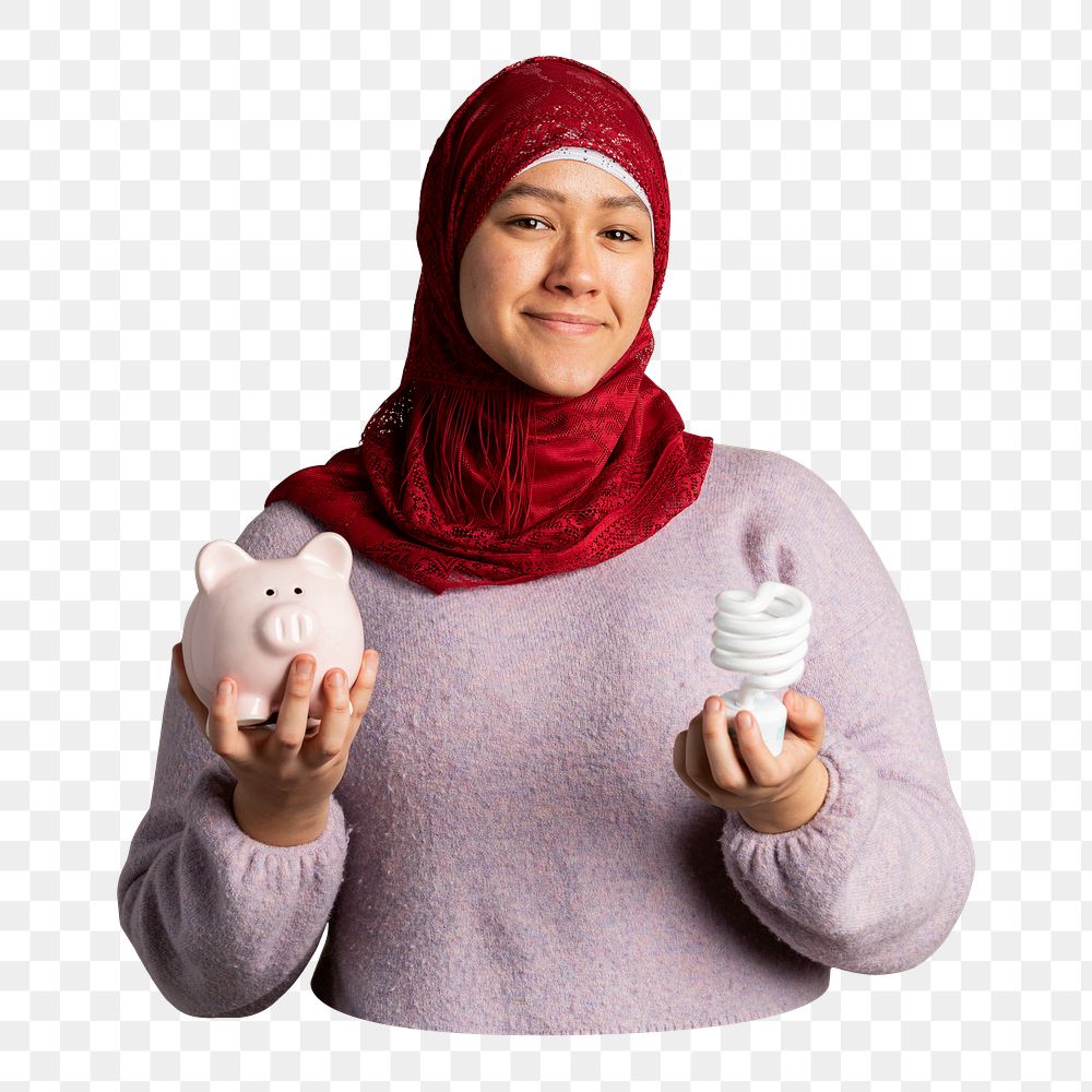 Png Muslim woman saving energy sticker, transparent background