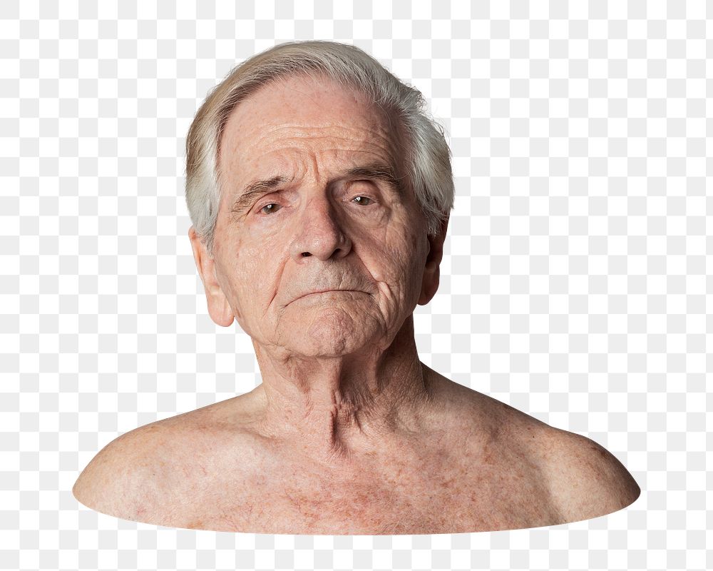 Png bare chest senior man sticker, transparent background