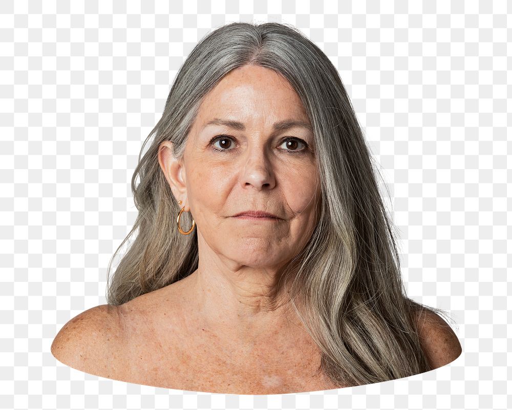 Png bare chest senior woman sticker, transparent background