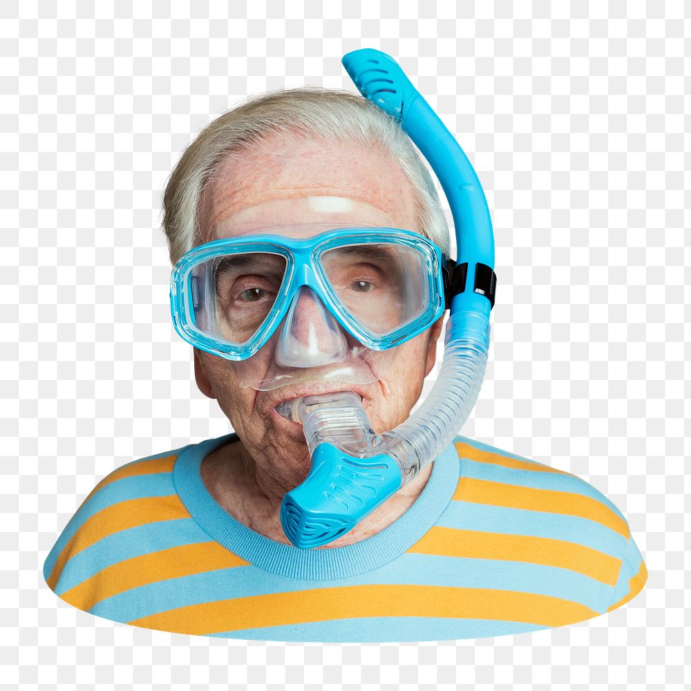 Png senior man with snorkeling goggles sticker, transparent background