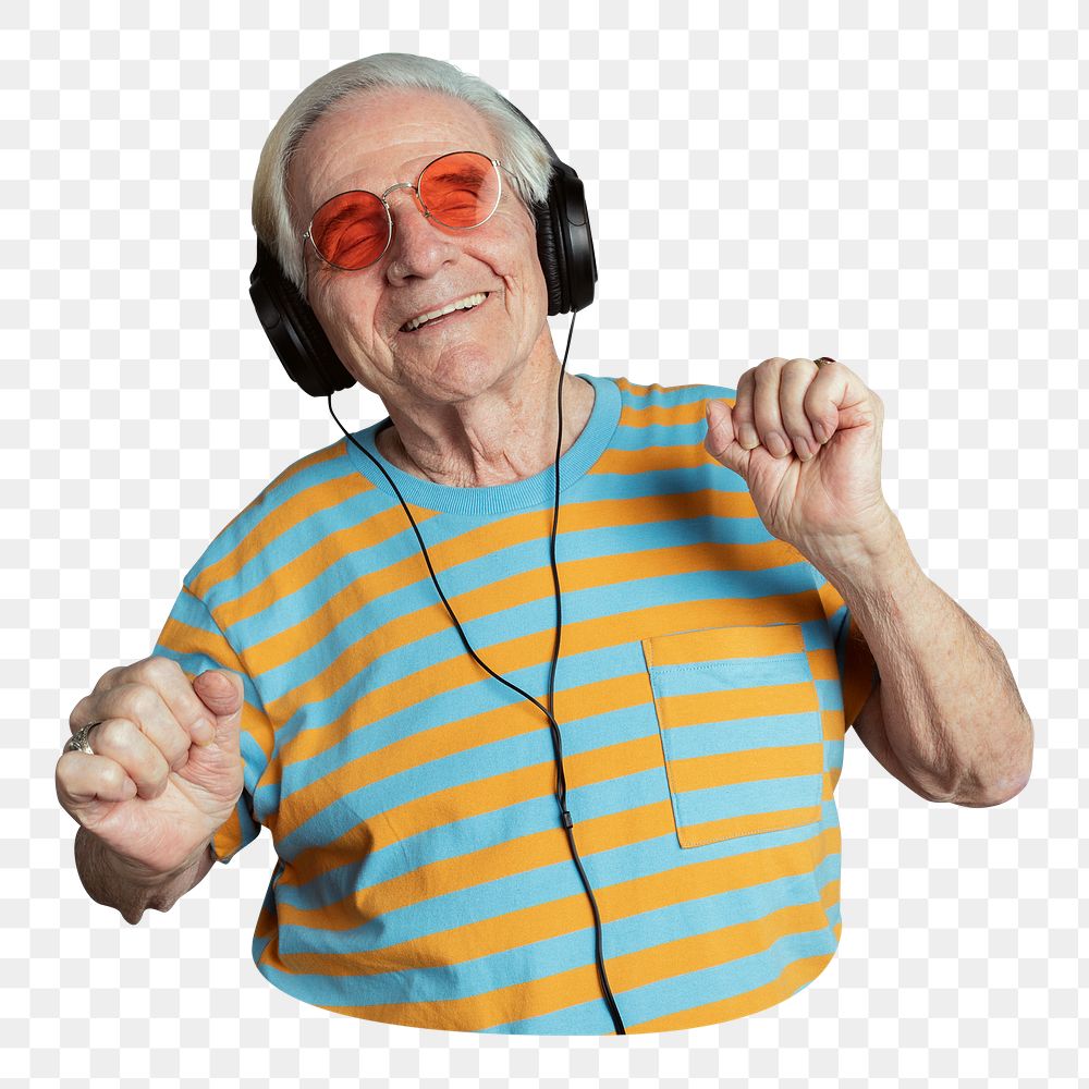 Png senior man enjoying music sticker, transparent background